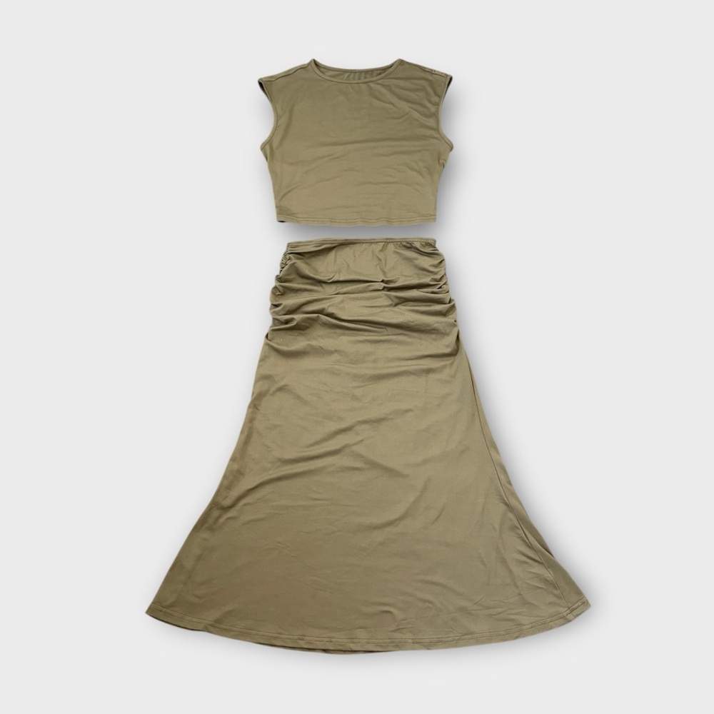 Olive Green Crop Tank Top & Ruched Fishtail Skirt Set